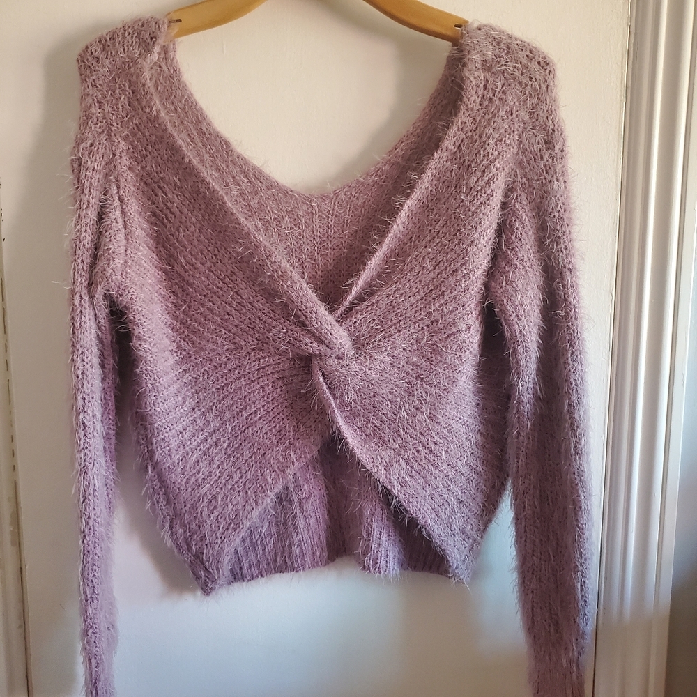 Iris Pastel Purple Knot back Eyelash Knit Sweater BalletCore Coquette Size M